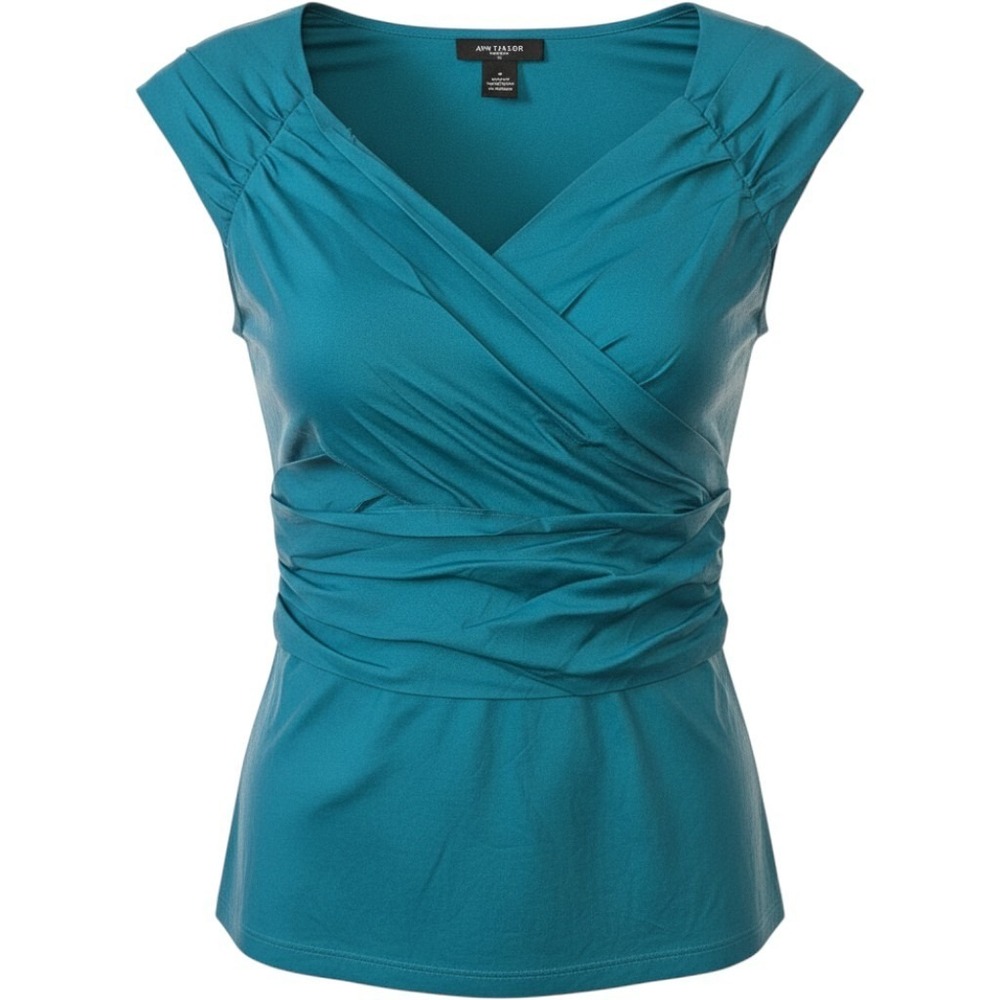 Ann Taylor Teal Solid Wrap Front V-Neck Cap Sleeve Blouse Side Zip Stretch Sz 10